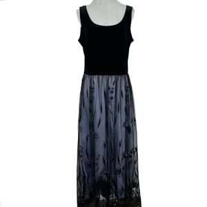 Jessica Howard Velvet Embroidered Maxi Dress Black Formal Evening Gown Size M